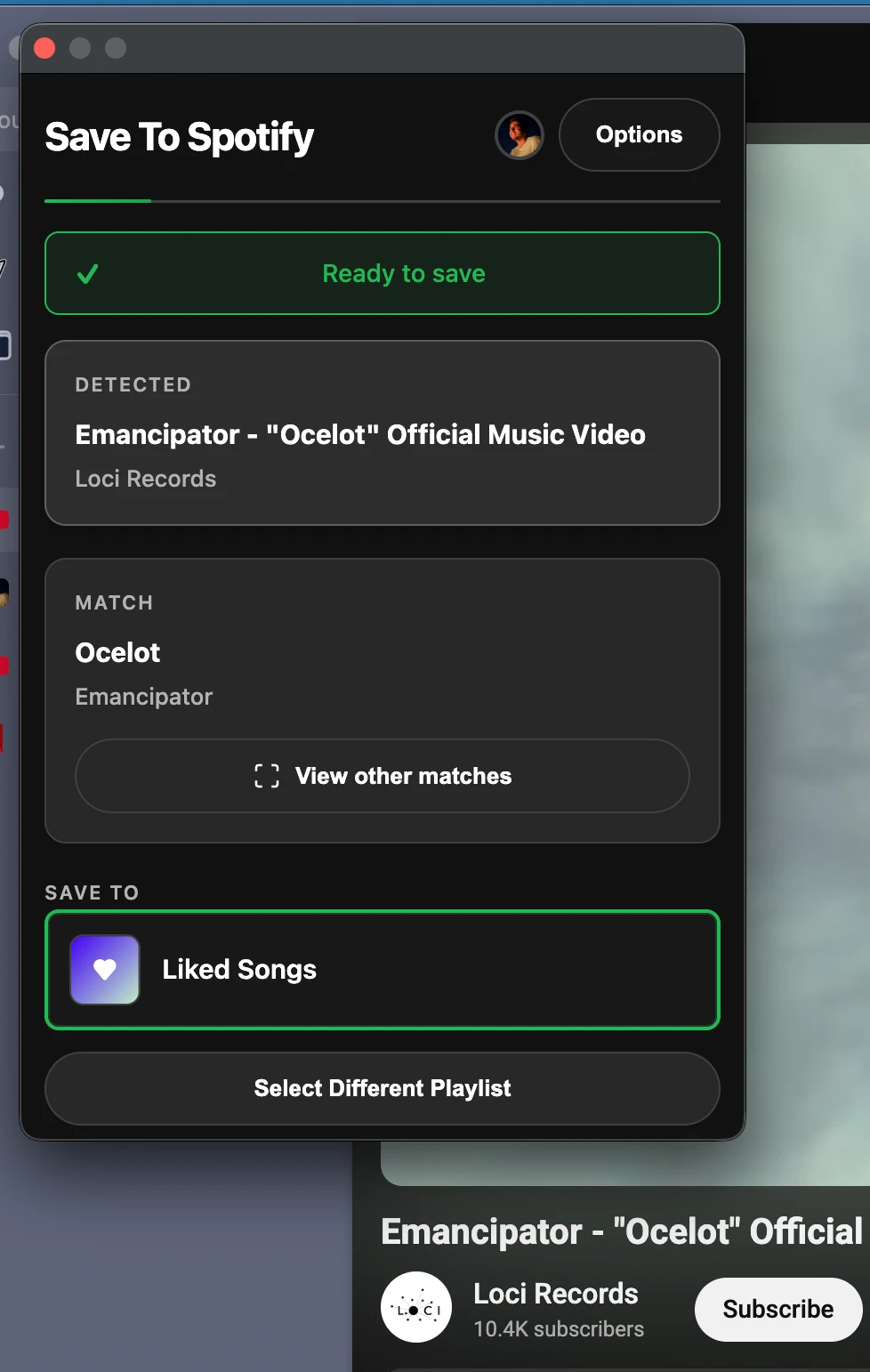 A “Save to Spotify” browser extension displaying a music result.