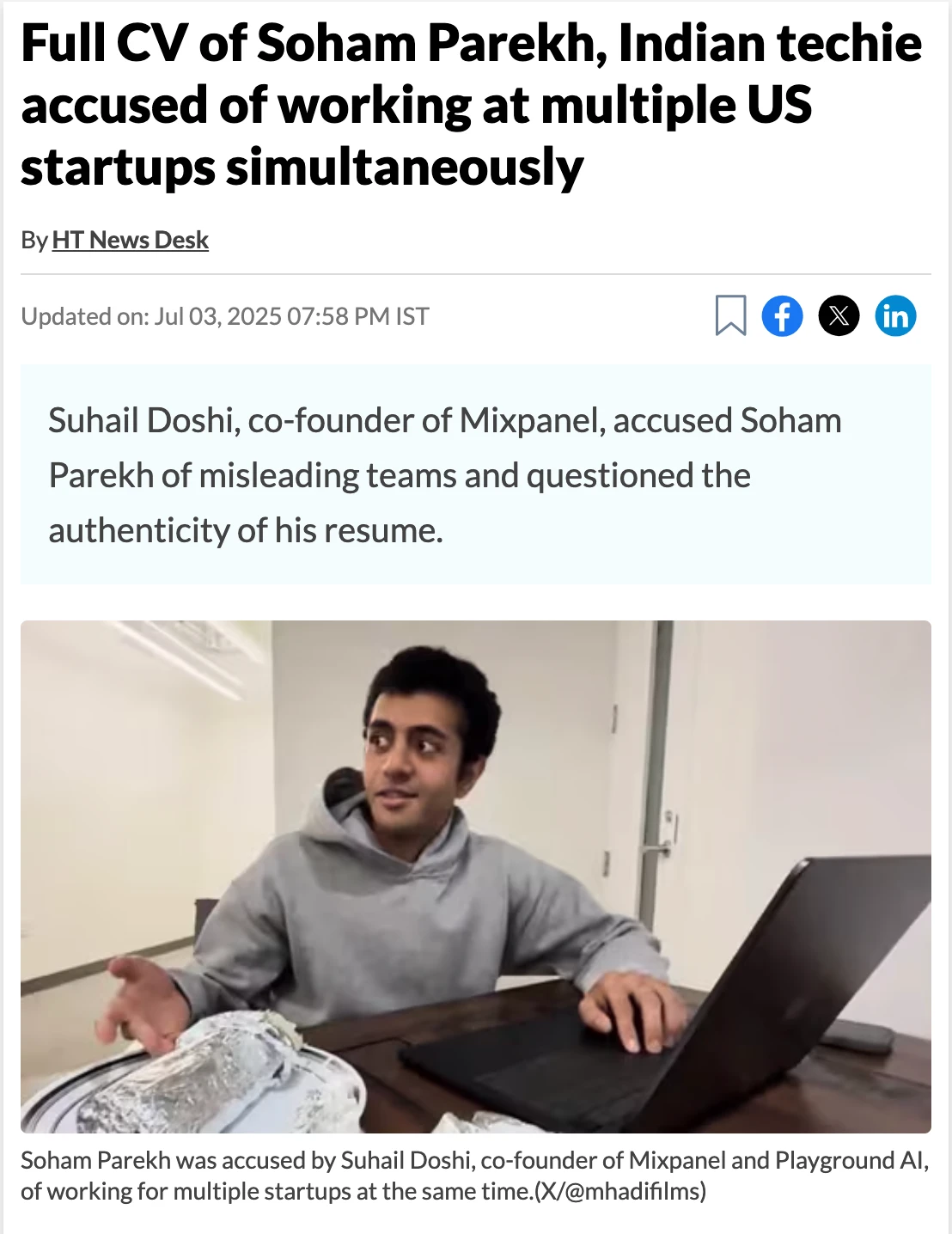 A news headline about Soham Parekh alongside a still from a video interview.