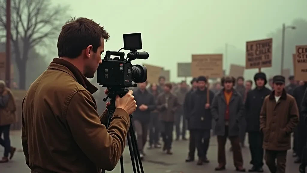 A camera operator recording a group assembled outside.