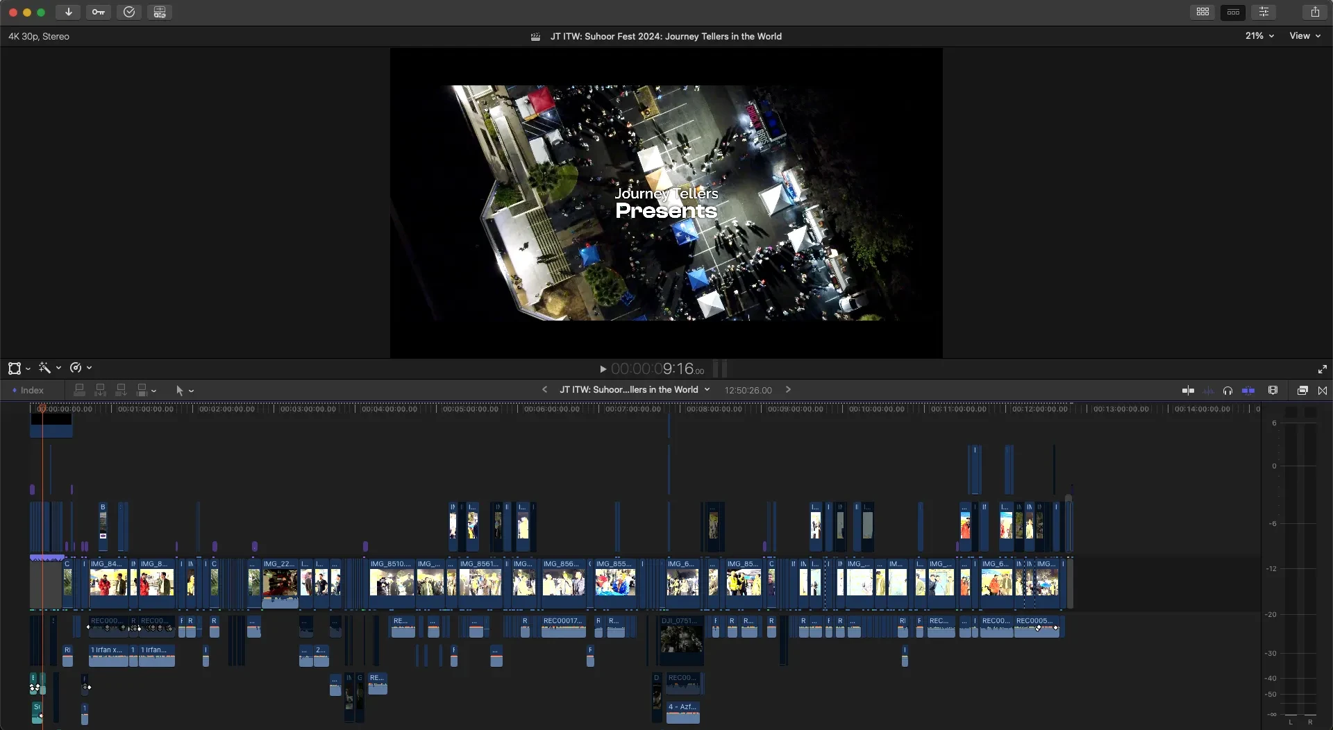 A video-editing workspace with a preview above a densely assembled timeline.