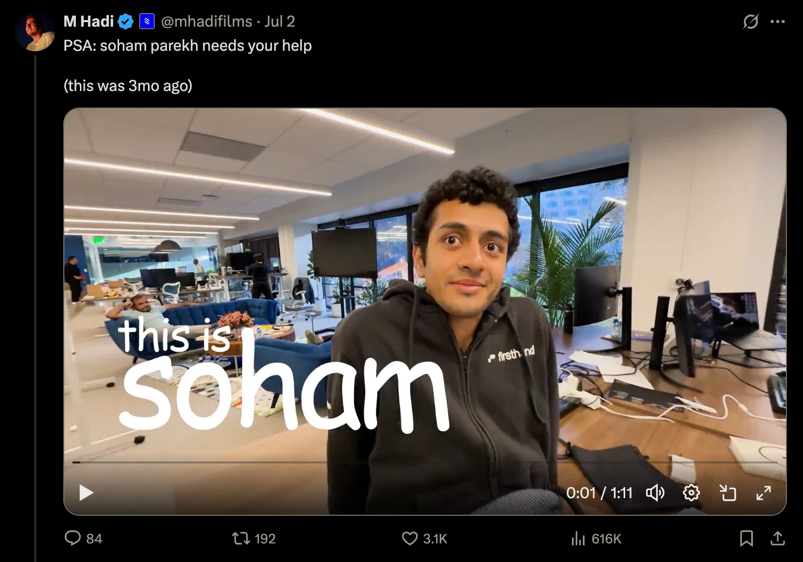A social post featuring a video labeled “this is Soham.”