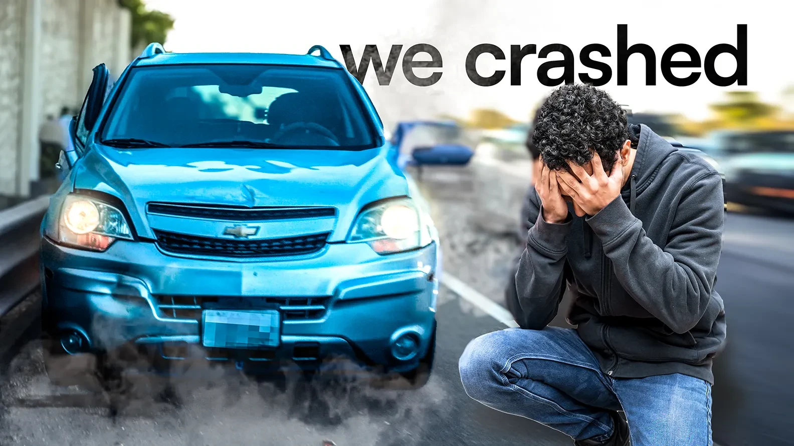 A thumbnail reading “we crashed” beside a blue car and a person holding their head.