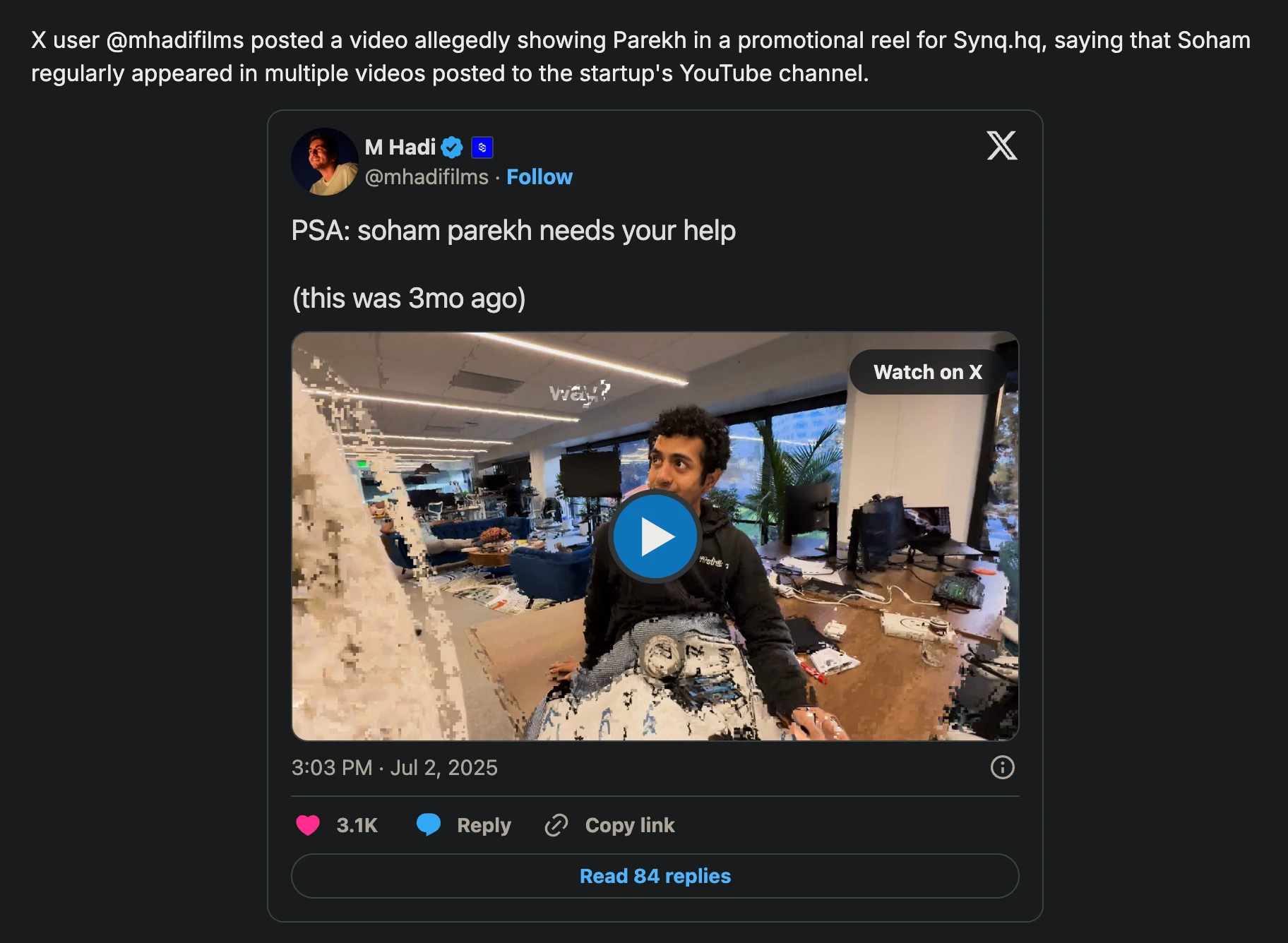 A repost of the “this is Soham” video in a social-media thread.