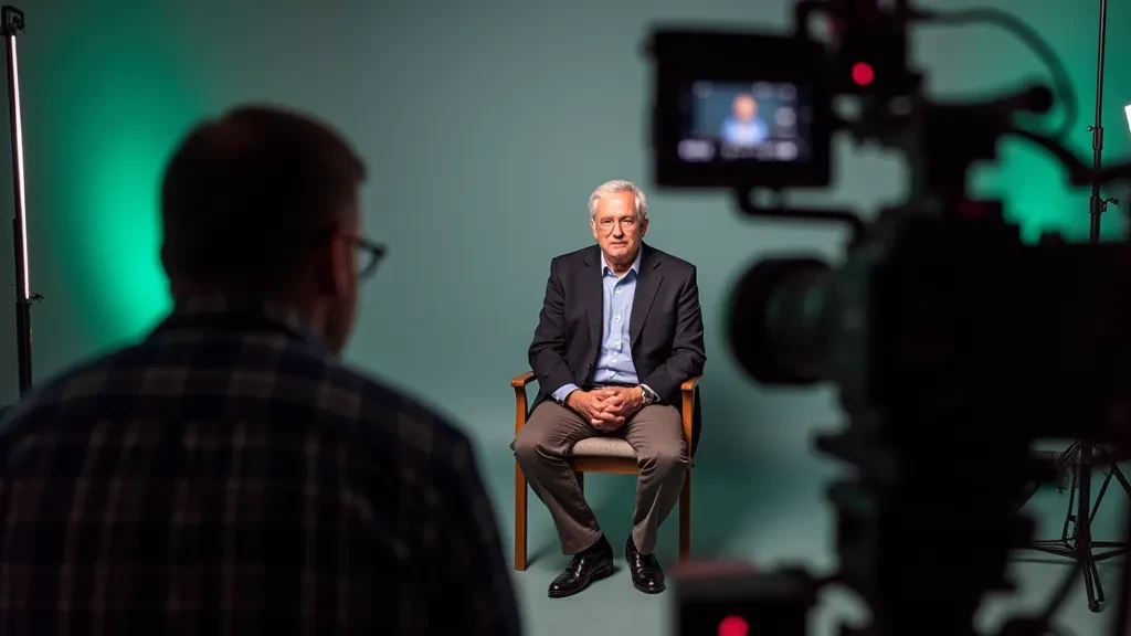 A camera recording a seated interview subject in a studio.