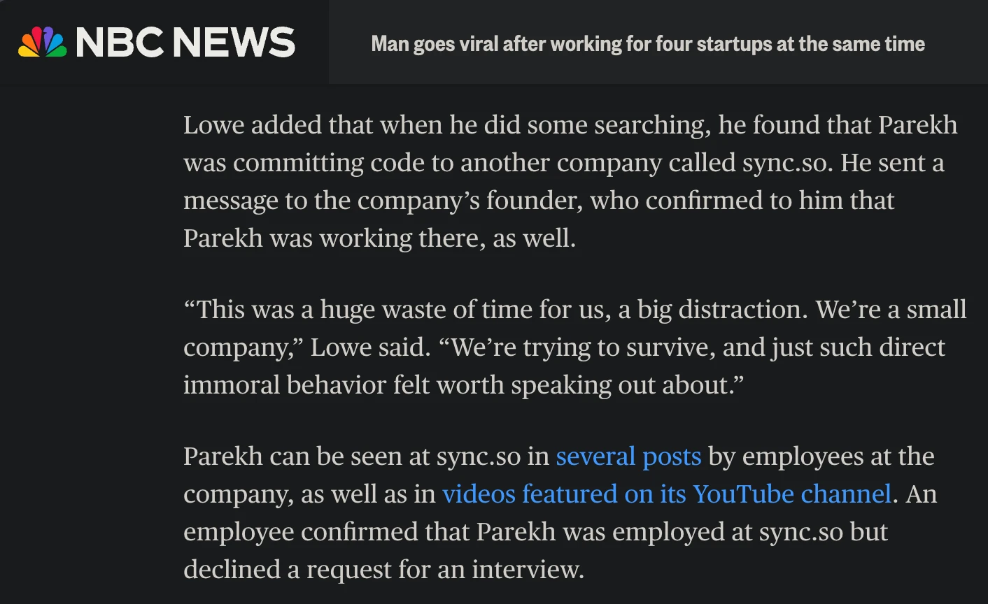An NBC News article excerpt about the multiple-startup-employment story.