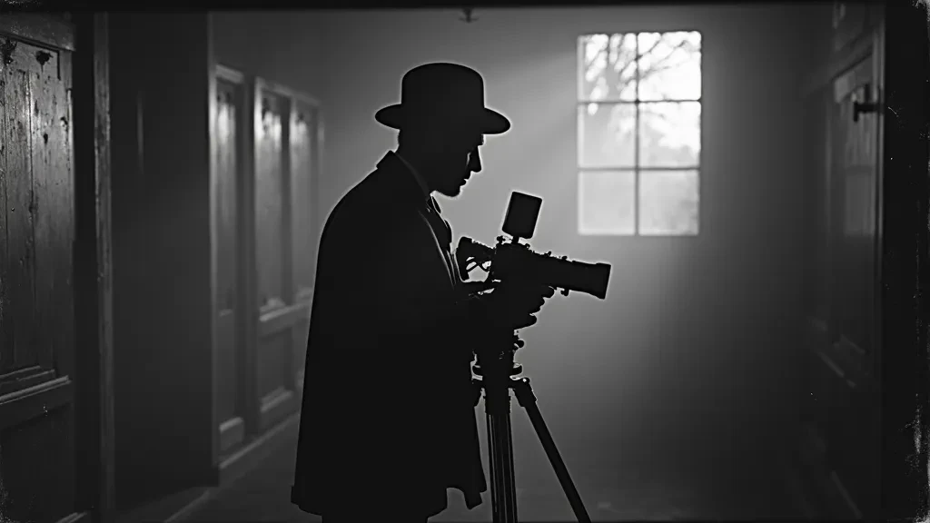A black-and-white scene of a filmmaker operating a vintage camera.