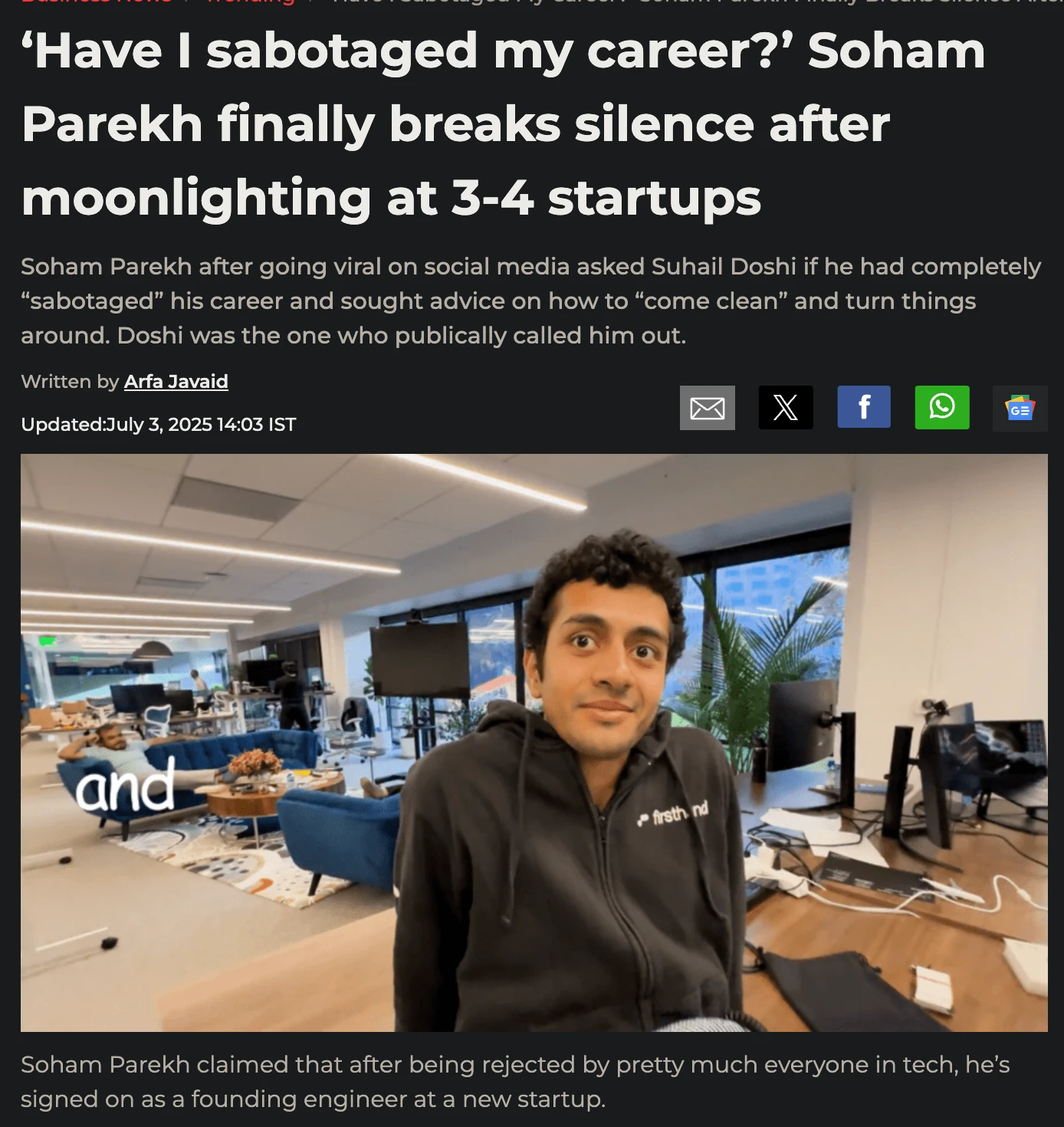 A news article about Soham Parekh's response to the multiple-jobs story.