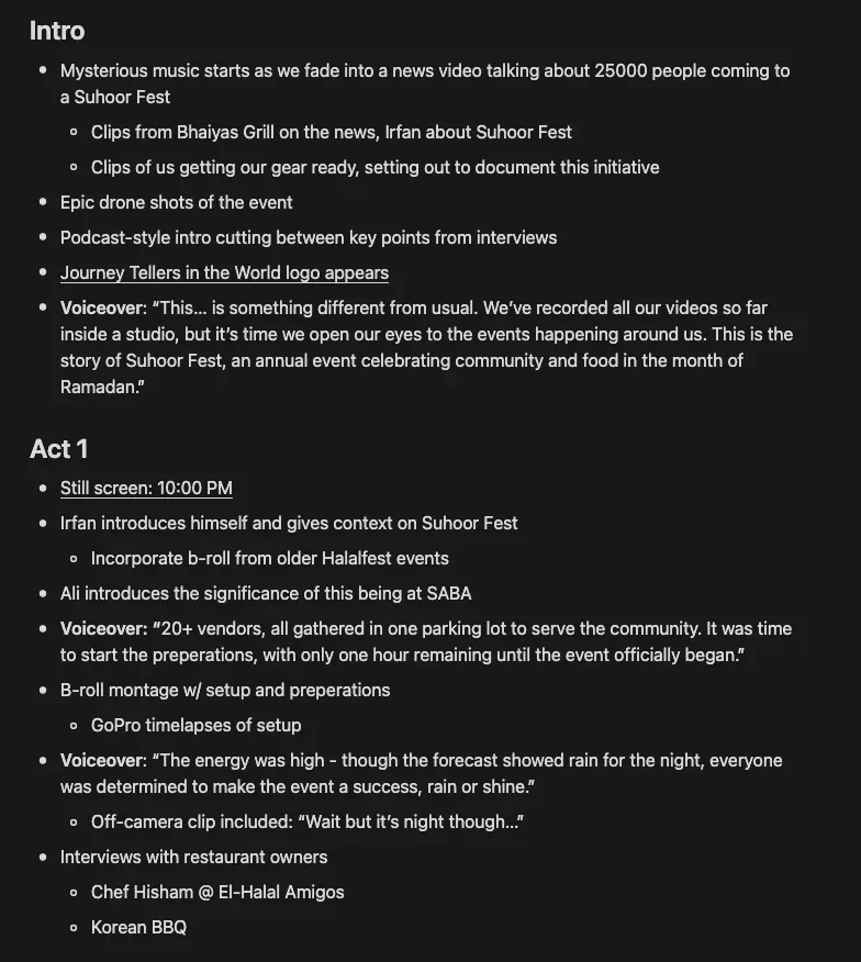 A dark document containing a filmmaking outline and production notes.