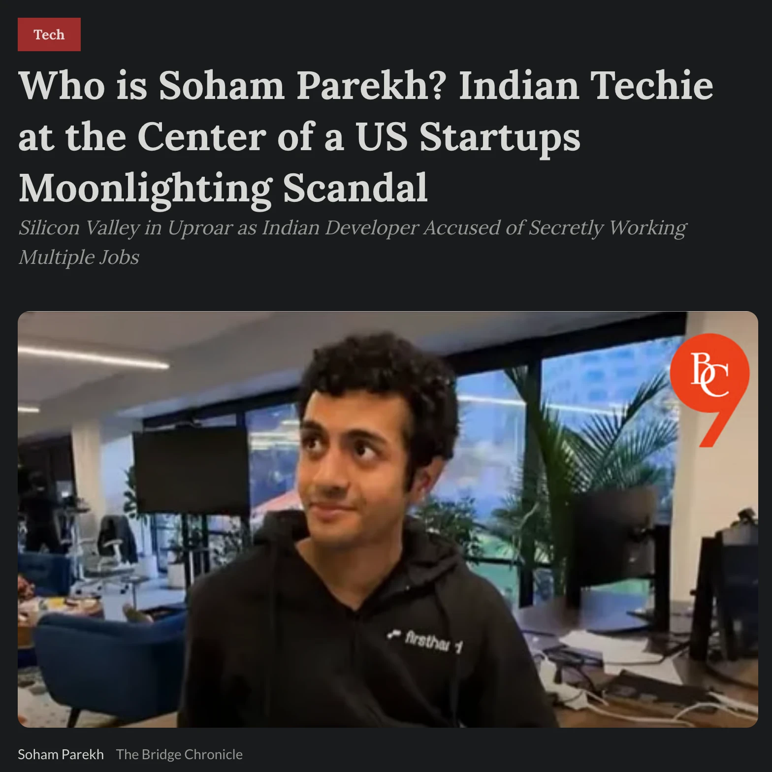 A news article asking who Soham Parekh is and discussing the moonlighting story.