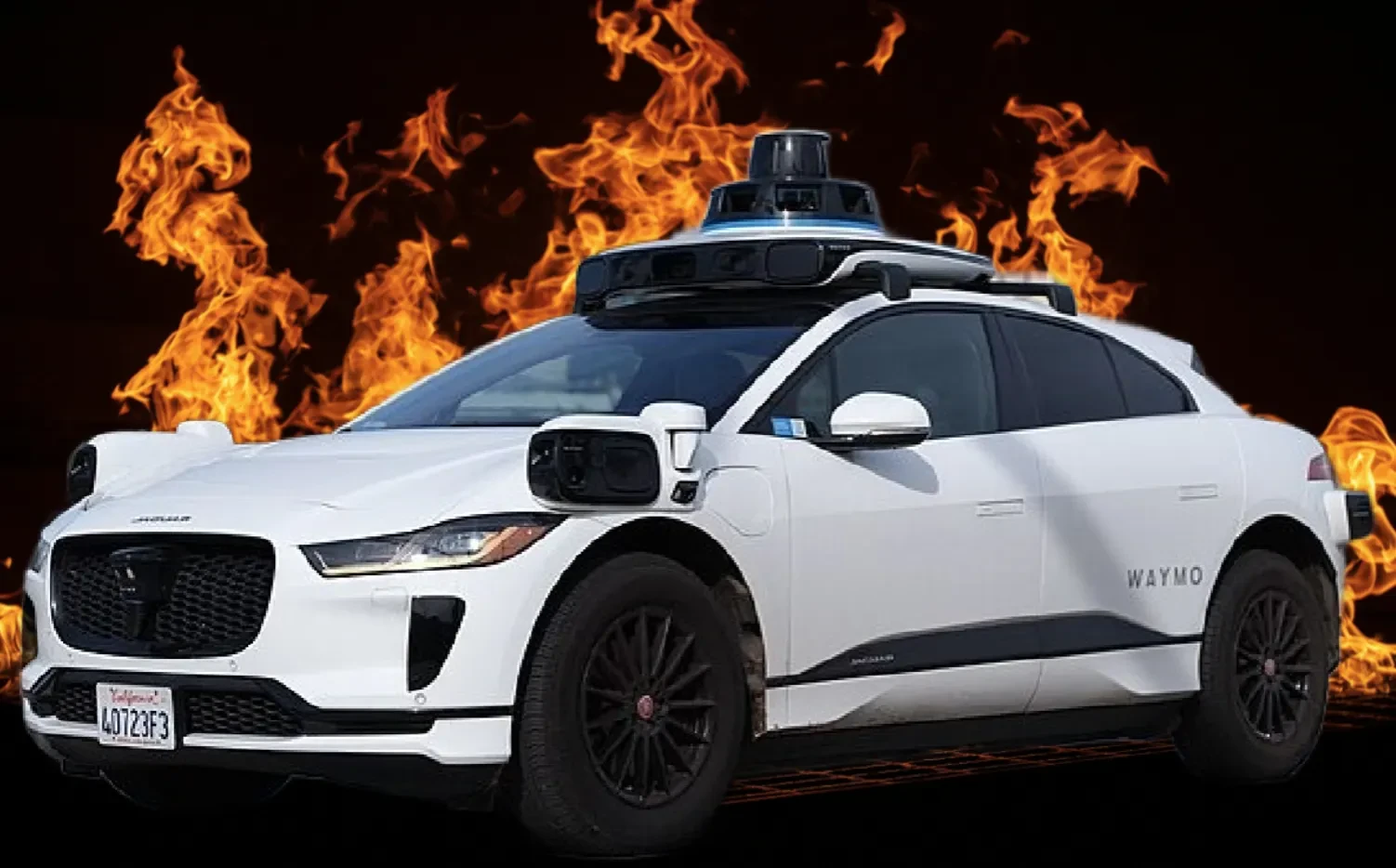 An edited illustration of a Waymo car surrounded by flames.