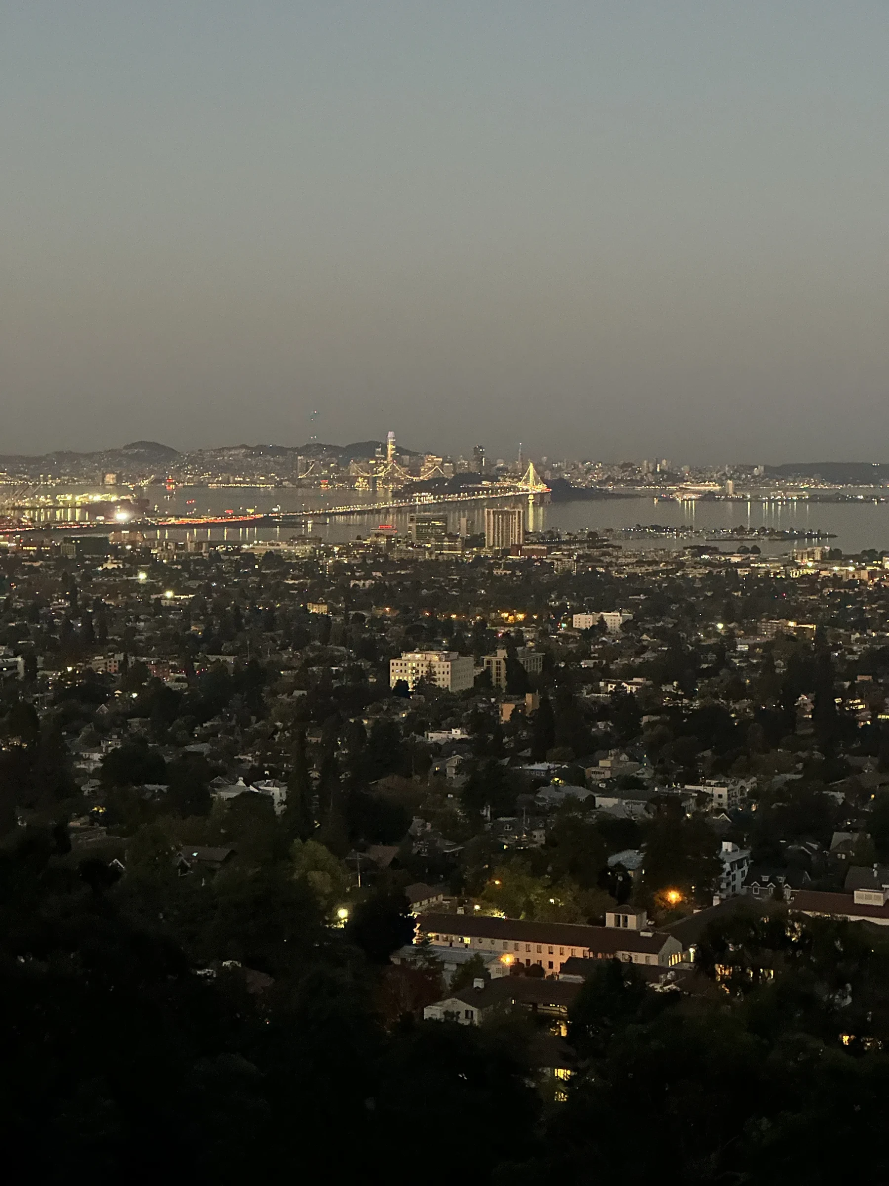 A wide view over a city and hills in hazy evening light.