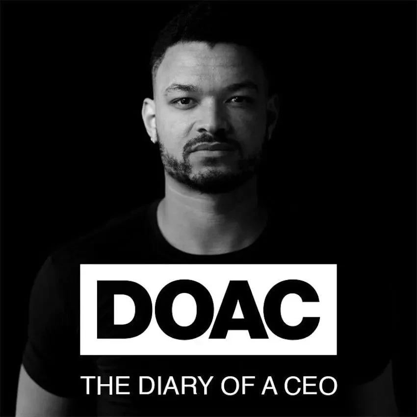 A black-and-white portrait of Steven Bartlett with The Diary of a CEO logo.
