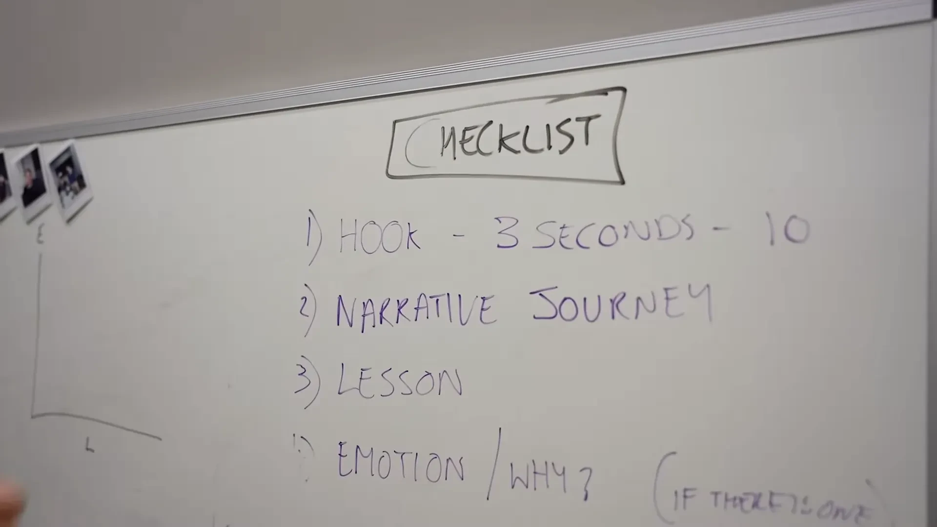 A whiteboard checklist covering a hook, narrative journey, lesson, and emotion.