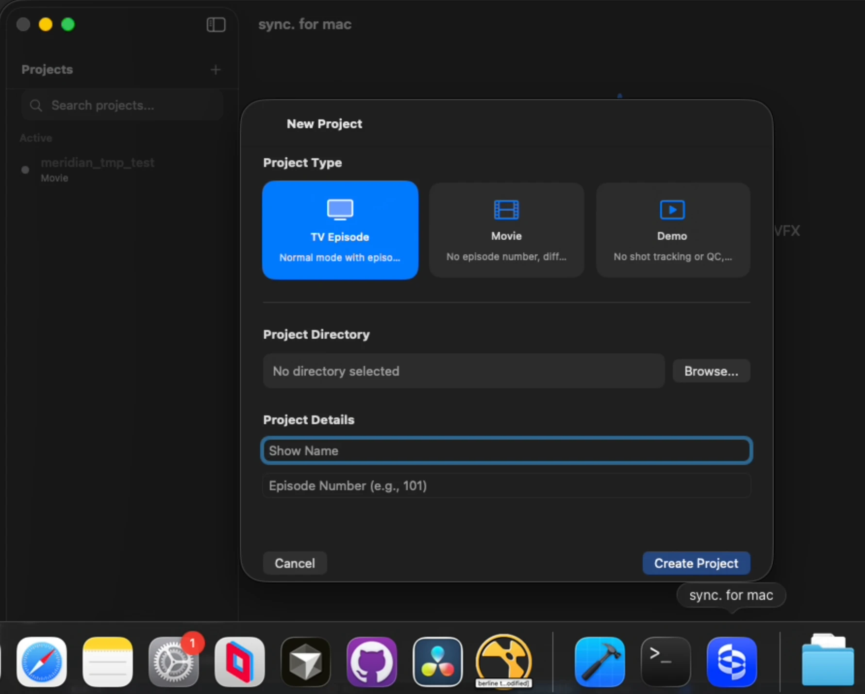 A new-project window in a desktop video-editing application.