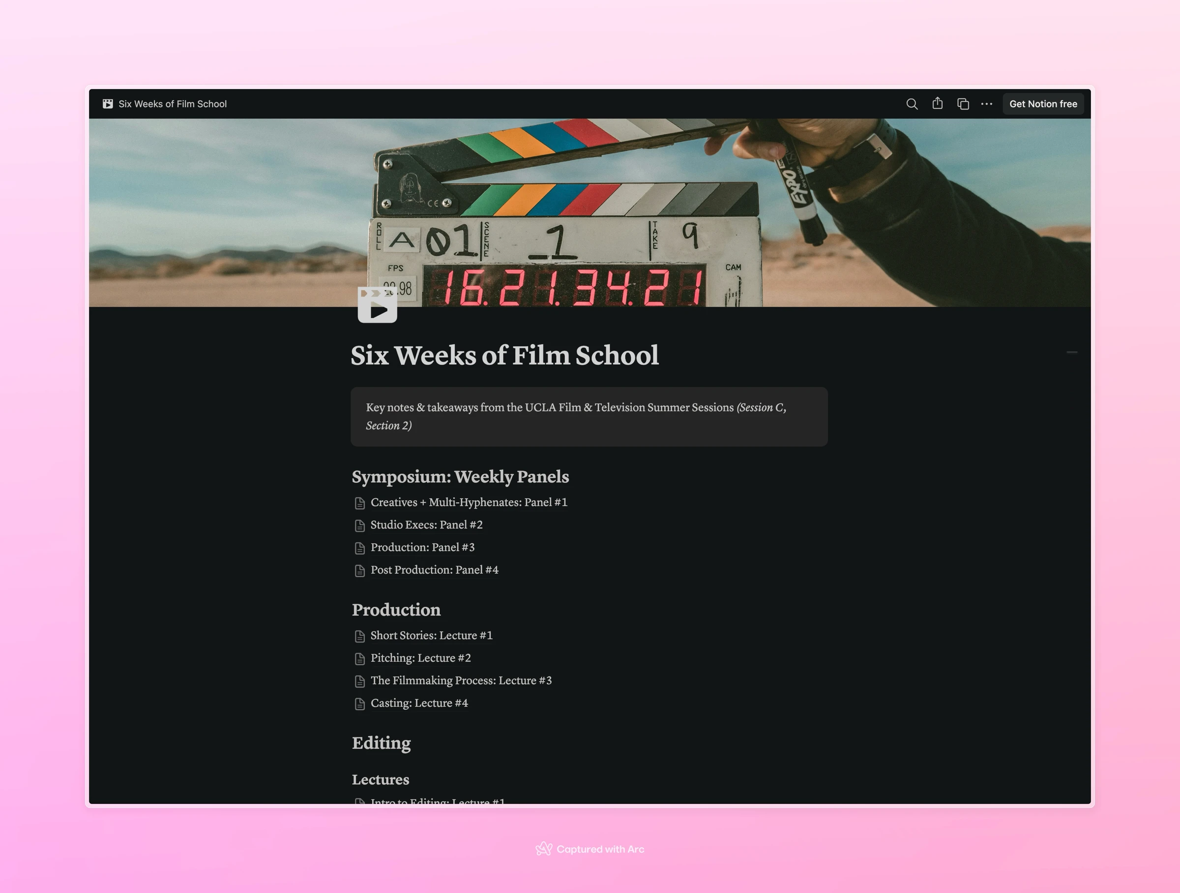 A newsletter page titled “Six Weeks of Film School.”