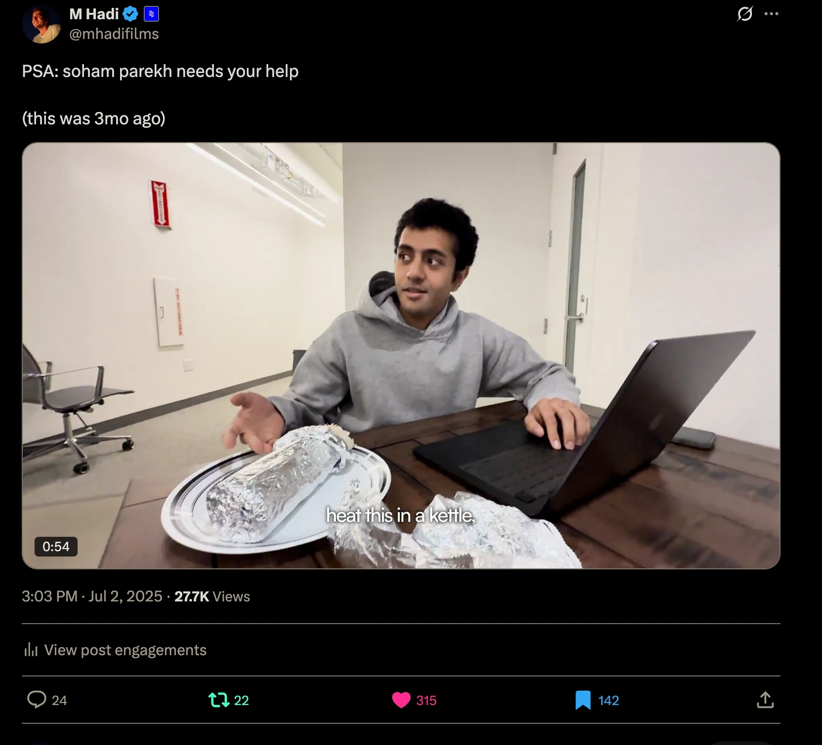 A social post featuring Soham Parekh seated at a table with a laptop.