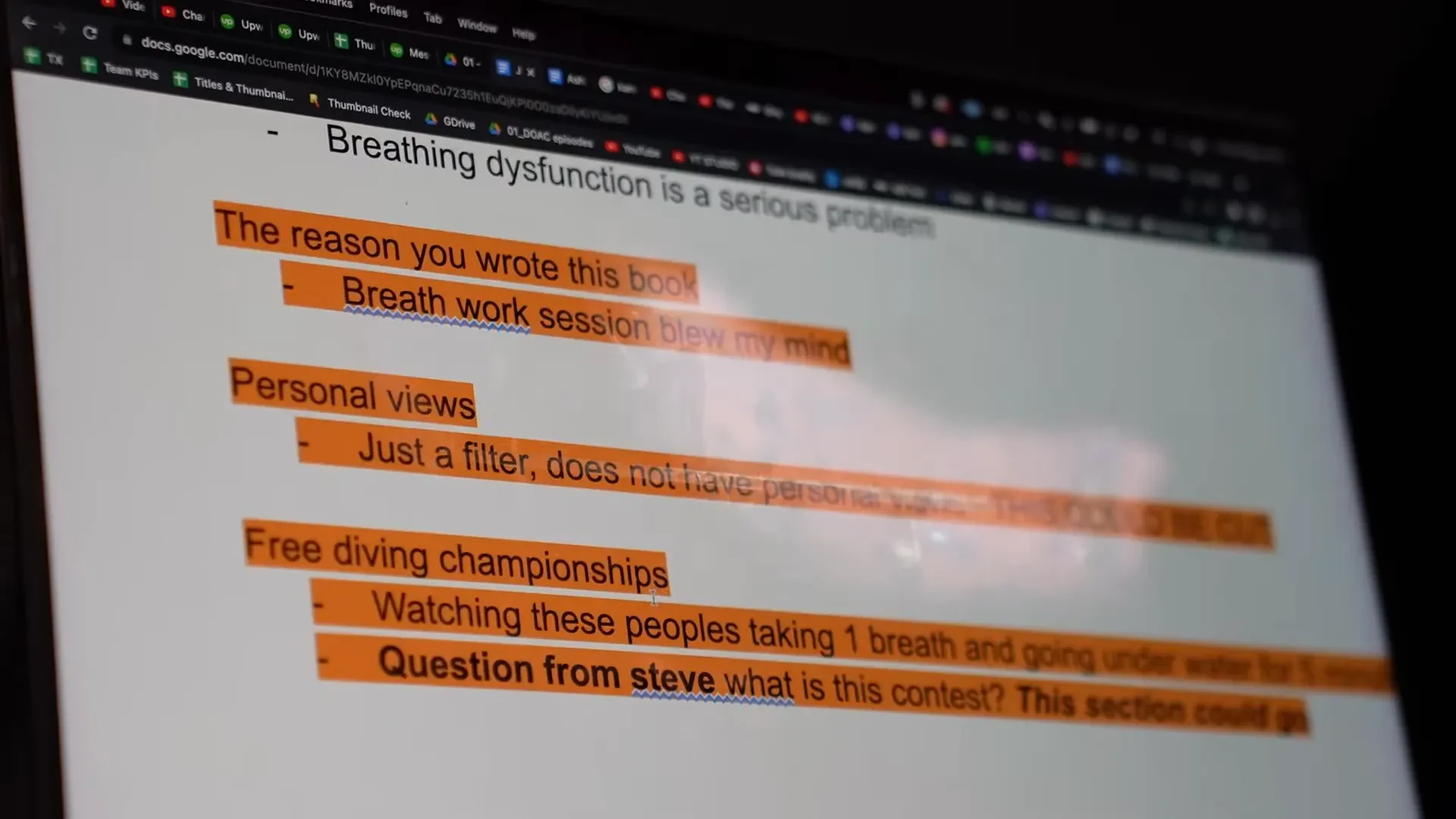 An interview document with selected passages highlighted in orange.