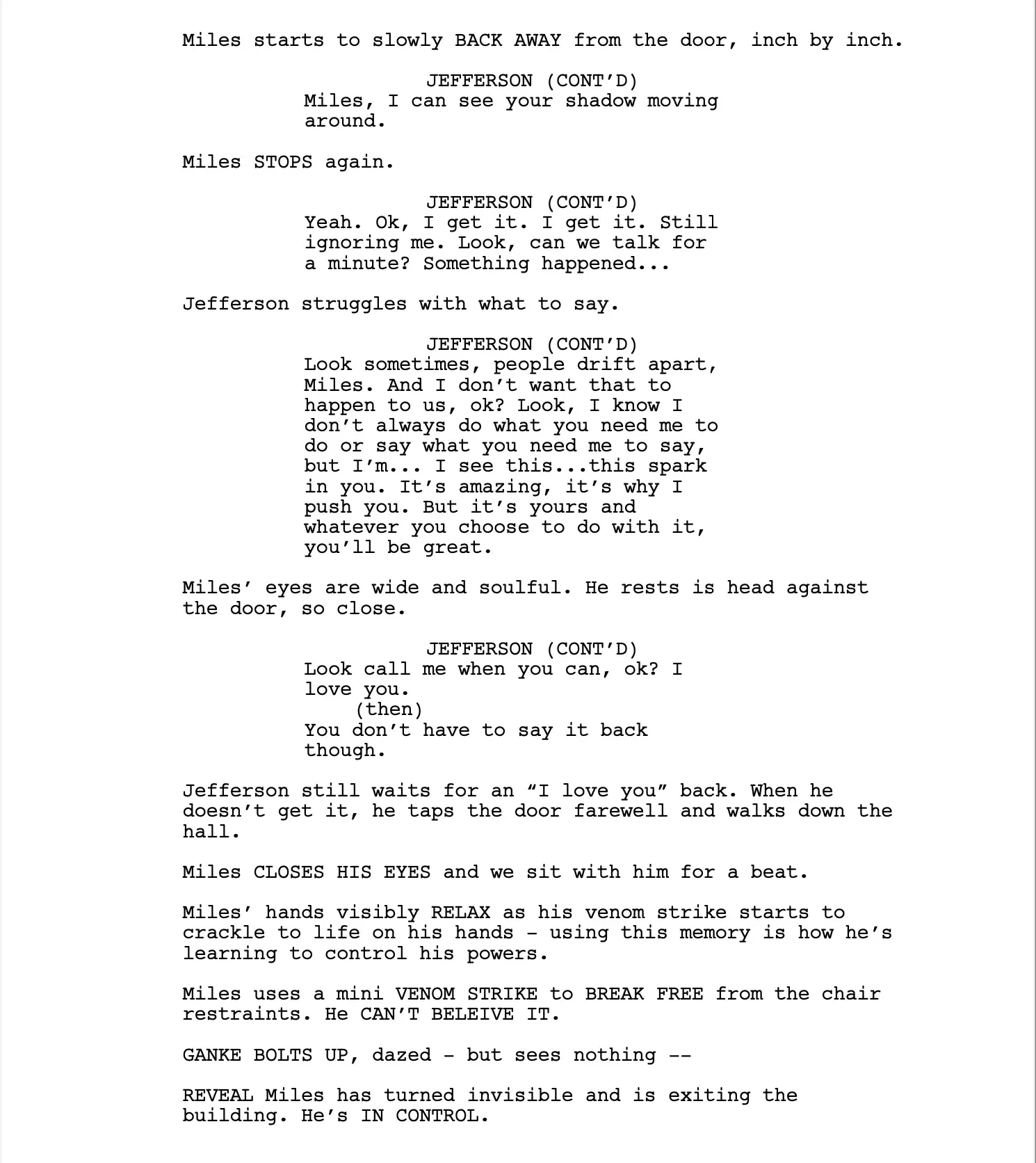 A screenplay page with scene descriptions and dialogue.