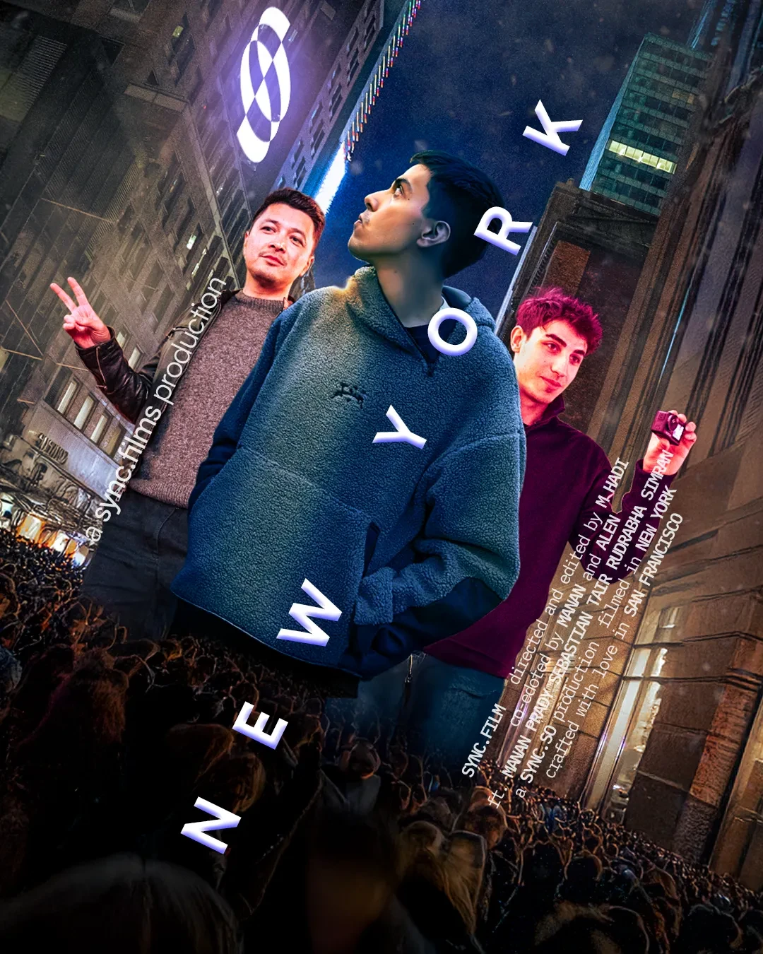 A poster-style collage featuring three people against a city backdrop.