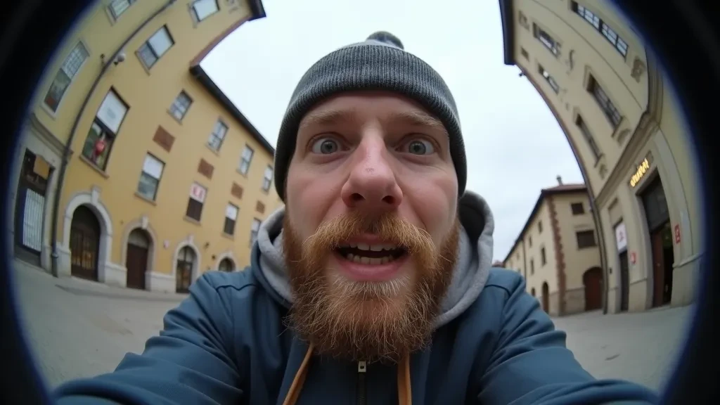 A close-up of a man speaking into a wide-angle camera on a city street.