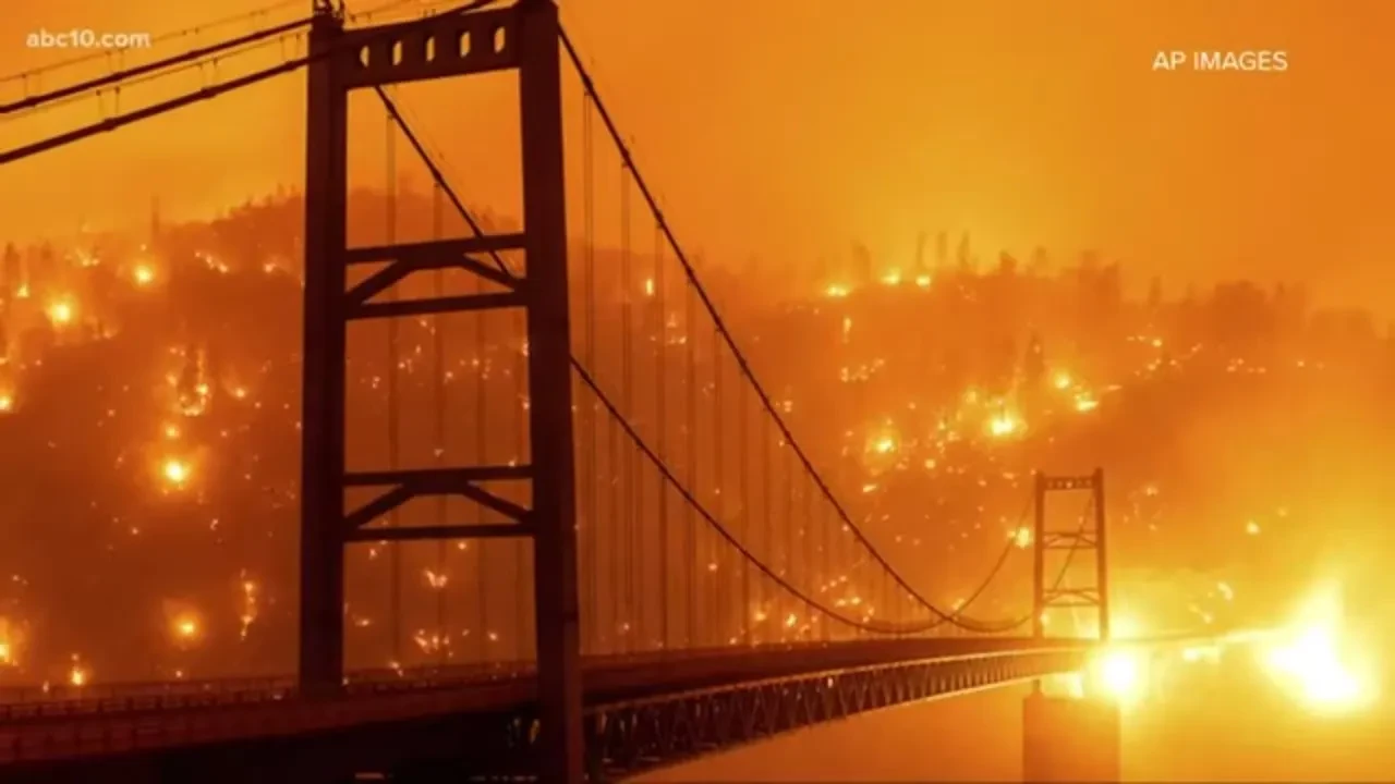 A dramatic orange image of a suspension bridge surrounded by smoke and fire.