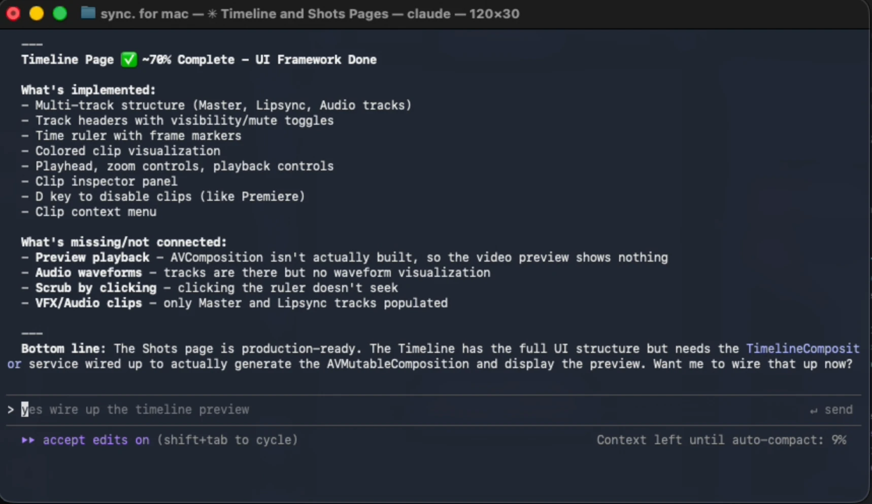 A terminal window summarizing an app-building session and its changes.