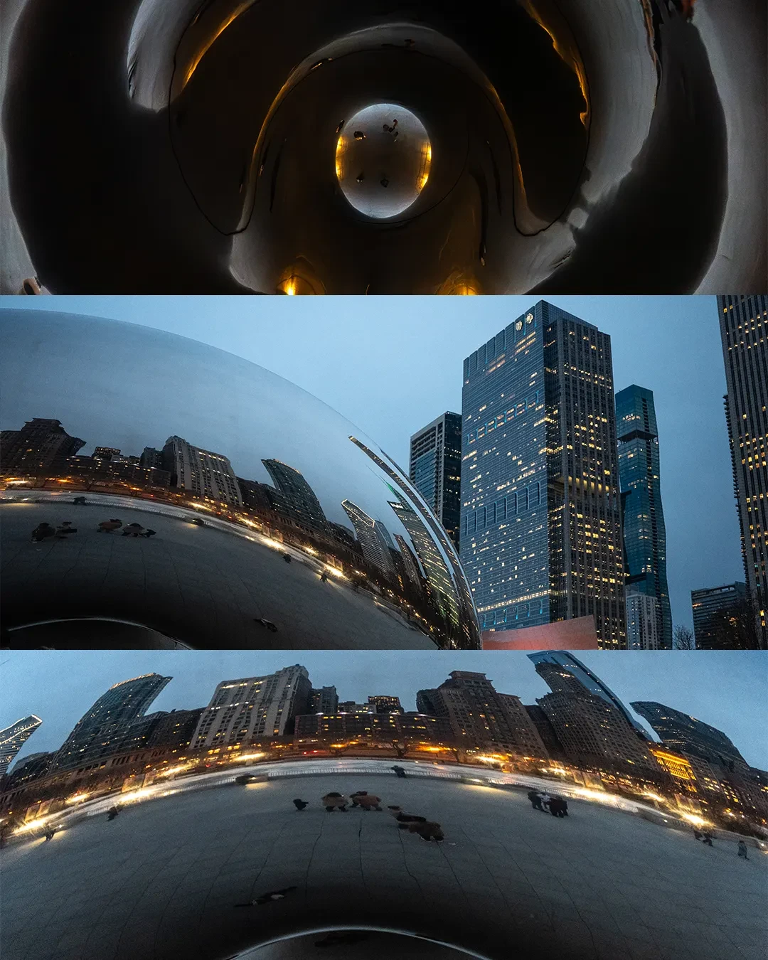 Reflections of Chicago buildings and people in the curved surface of Cloud Gate.