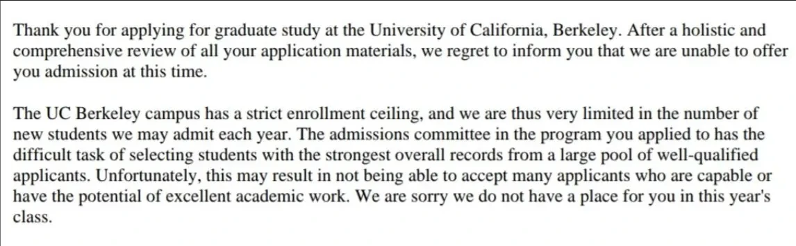 A UC Berkeley admissions letter stating that the application was not accepted.