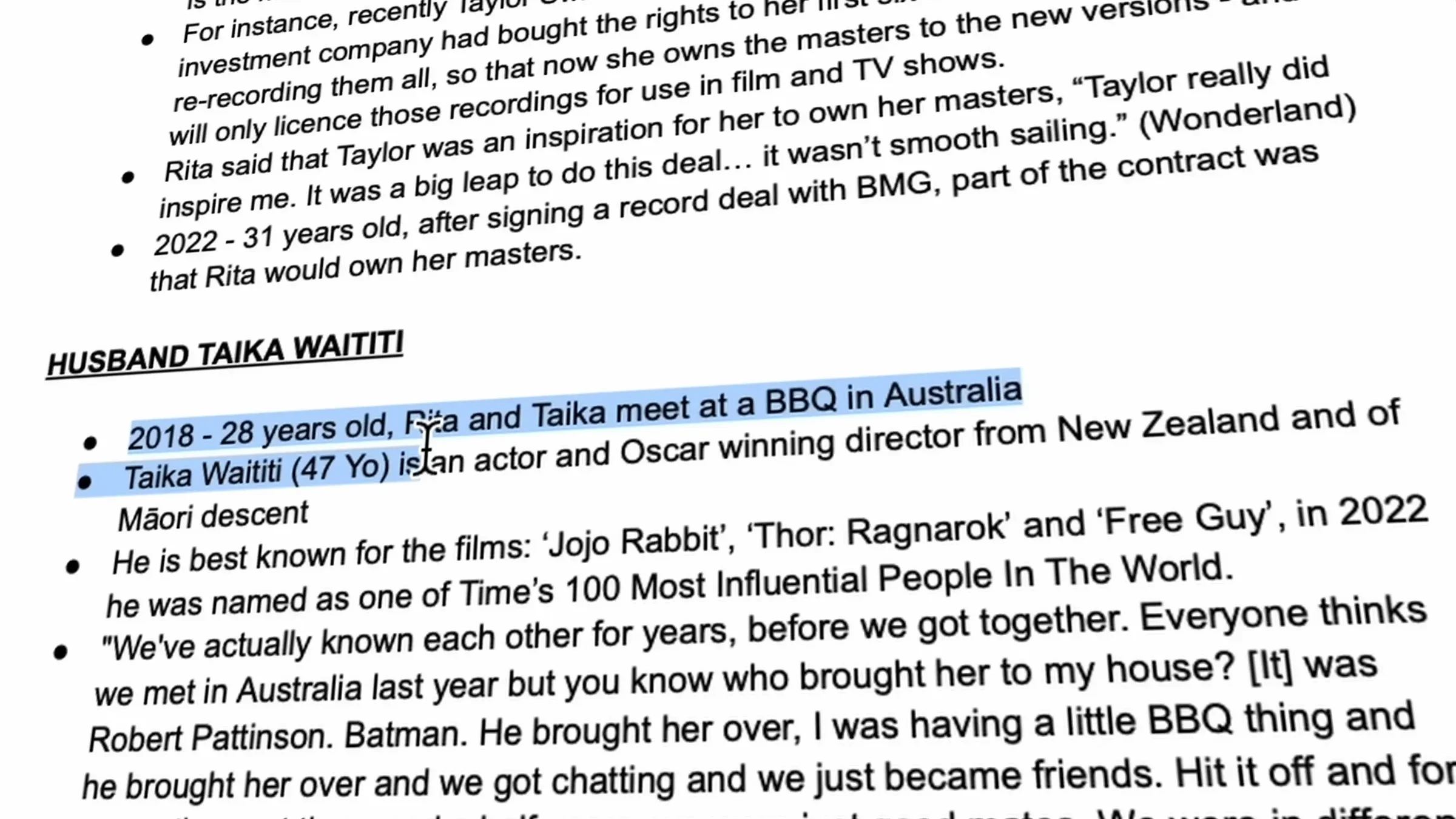 Interview research notes with highlighted facts and a section about Taika Waititi.