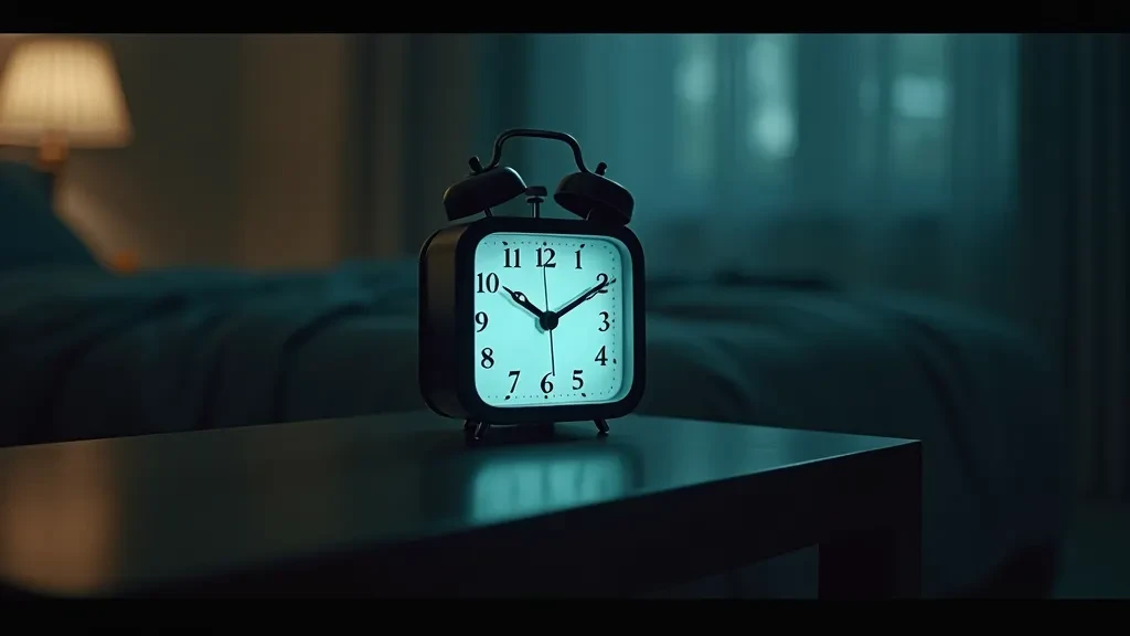 An alarm clock on a table in a dimly lit room.
