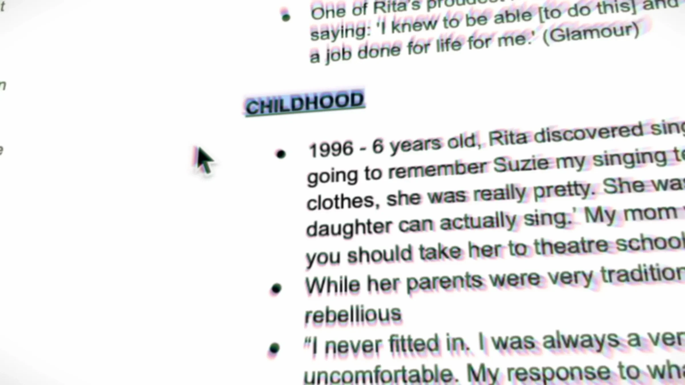 Research notes about a guest's childhood with highlighted quotations.