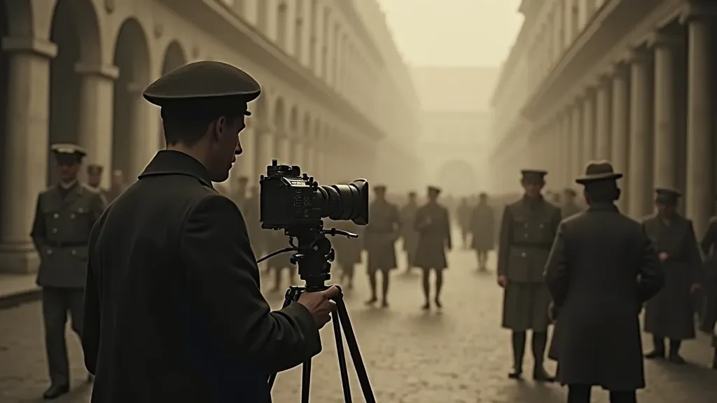 A period scene of a camera operator filming people in a city street.