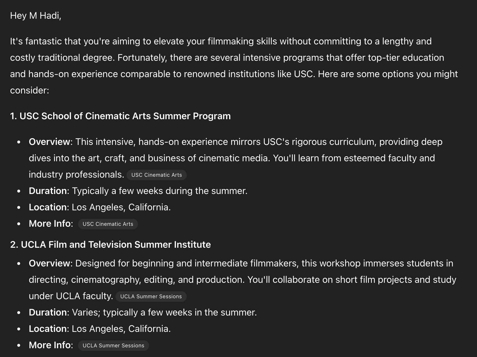 Notes comparing summer film-school programs and their features.
