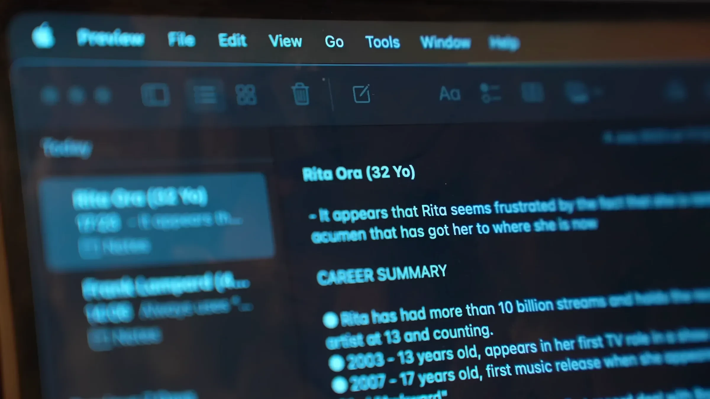 Interview research notes displayed on a computer screen.