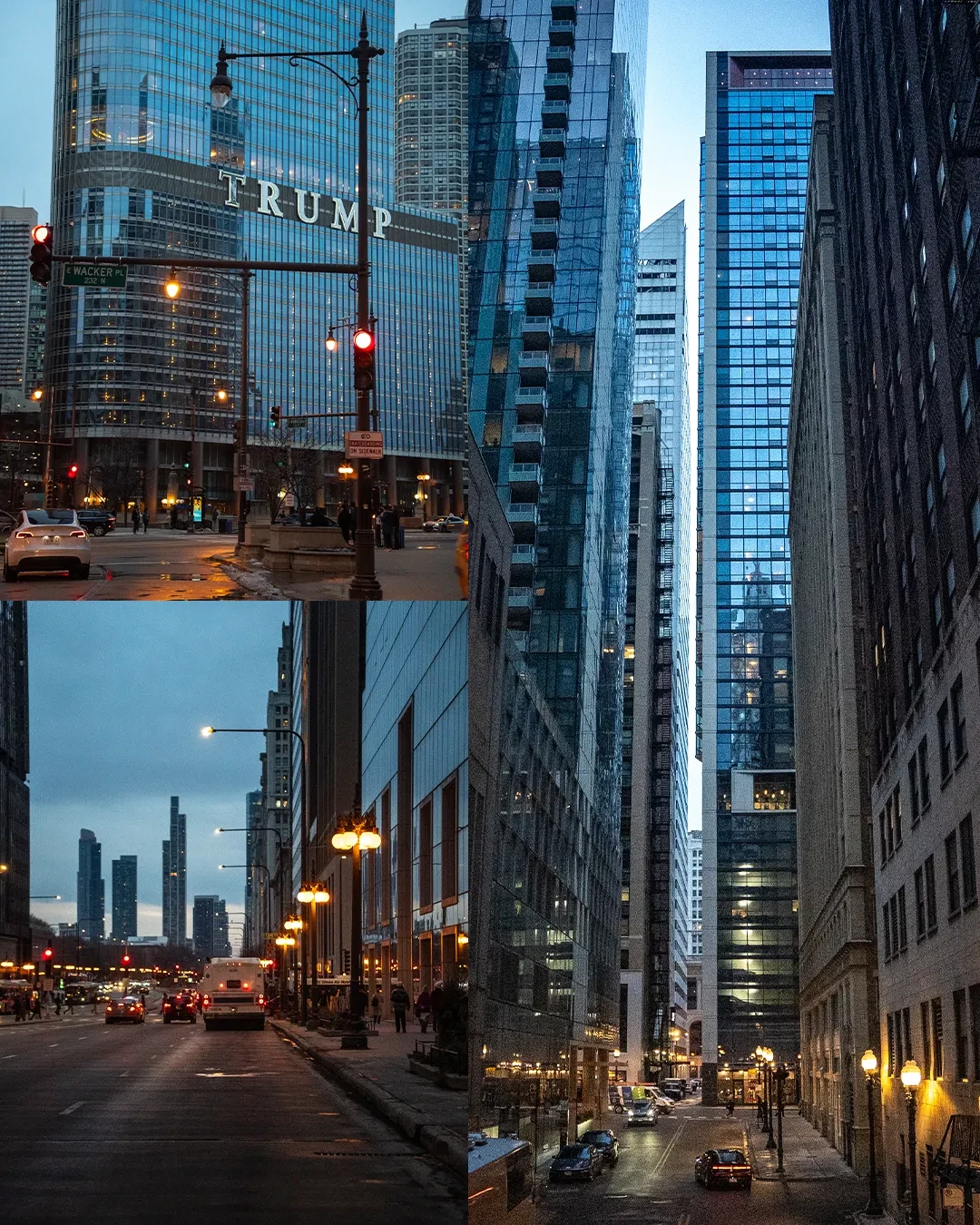 A collage of downtown Chicago streets lined with tall buildings.