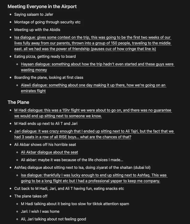 A dark document containing editing and storytelling notes.