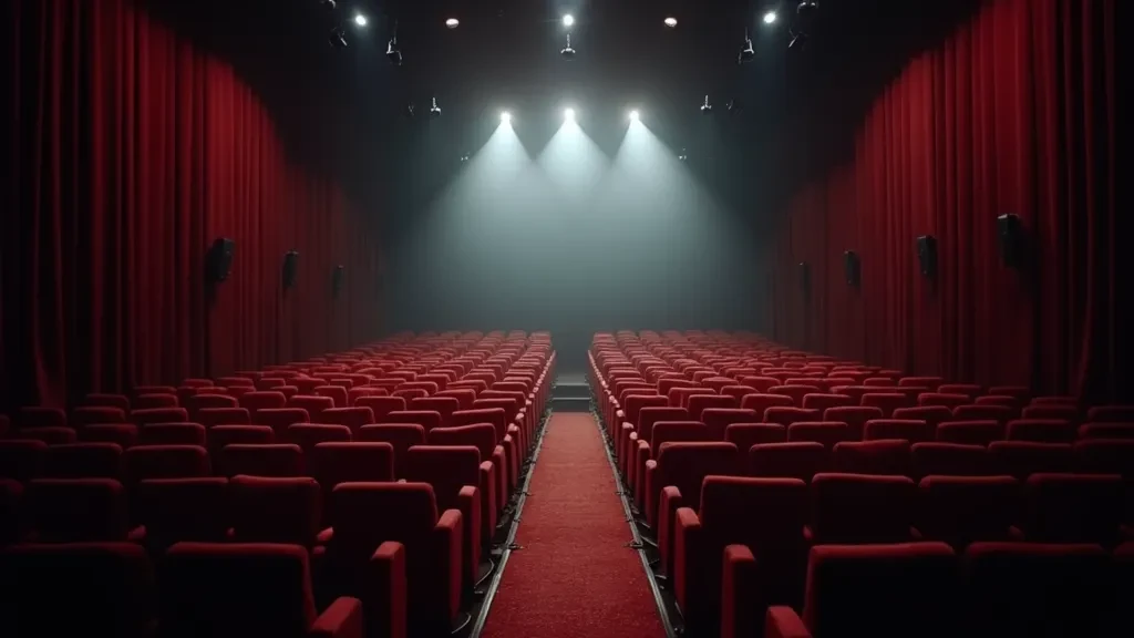 An empty cinema with red seats, red curtains, and spotlights.