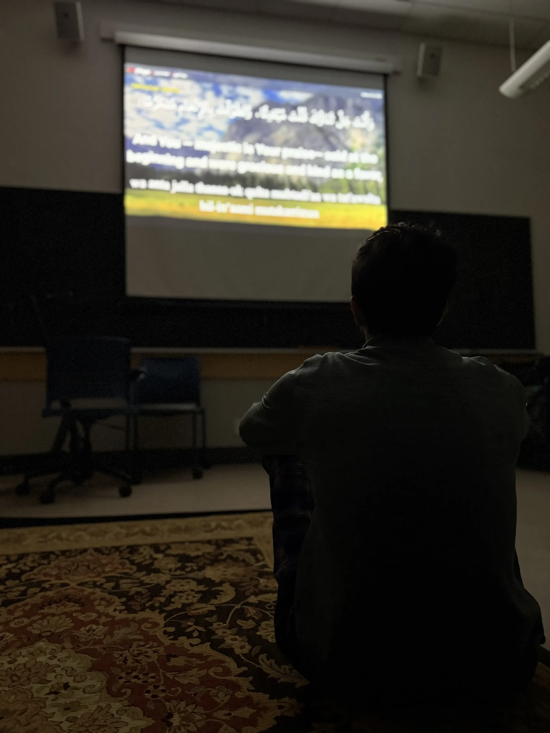 A person watching a presentation projected onto a classroom screen.