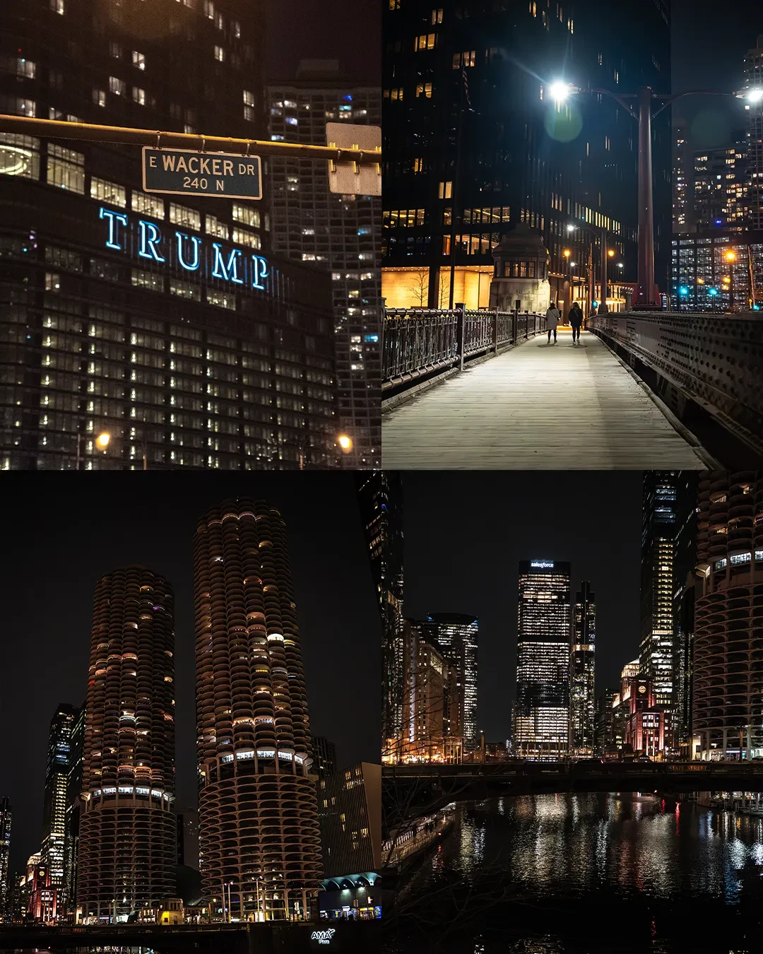 A collage of illuminated Chicago buildings reflected in water at night.