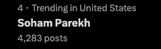 A trending-topics panel listing Soham Parekh in the United States.