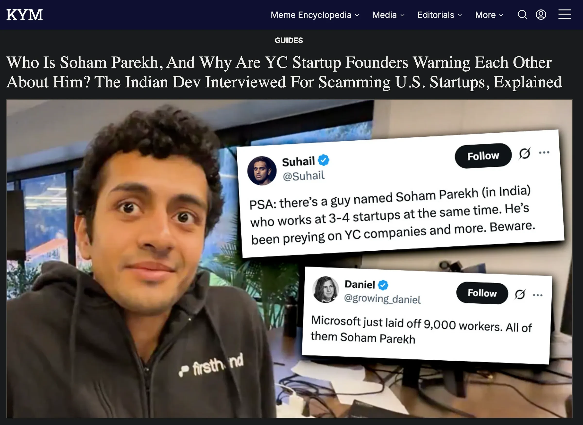 A news explainer combining a photo of Soham Parekh with social-media posts.