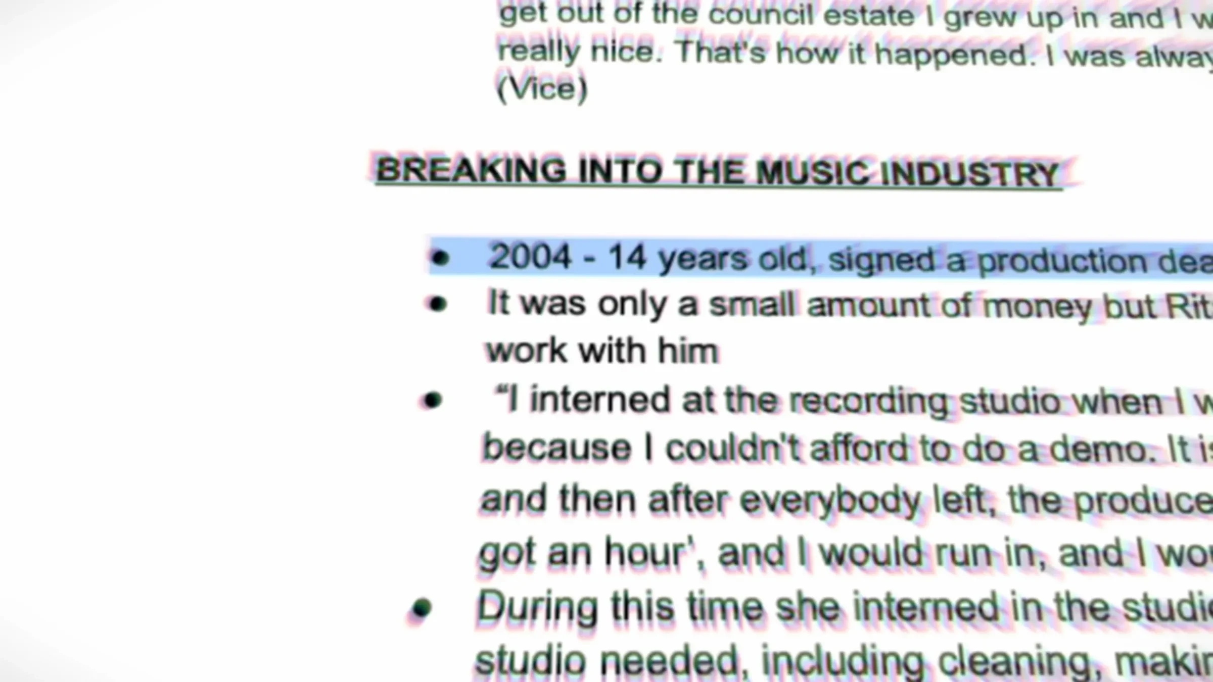 Research notes about breaking into the music industry.