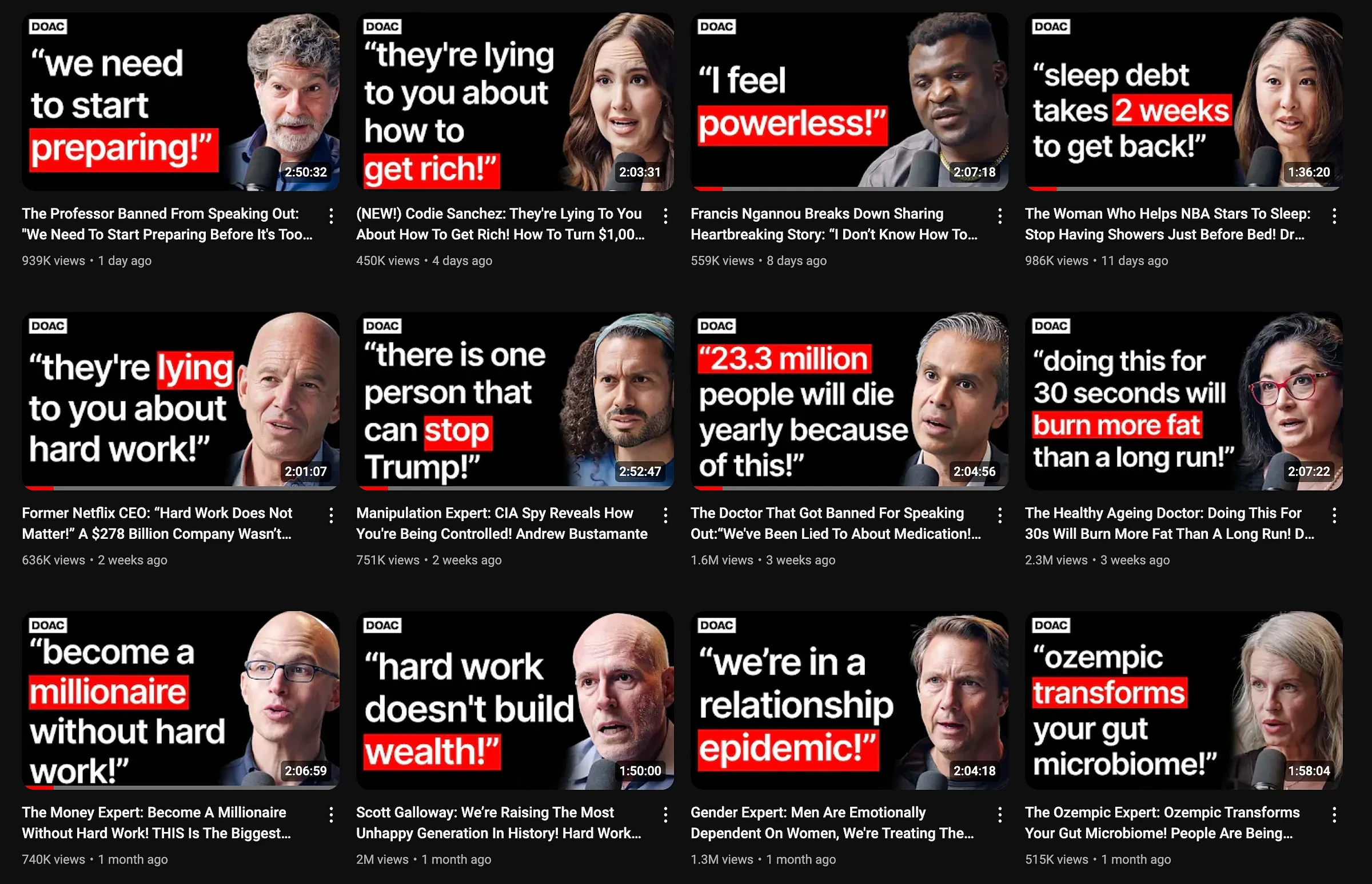 A grid of Diary of a CEO video thumbnails with different titles and guest portraits.