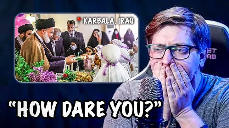 A video thumbnail pairing footage from Karbala, Iraq with an editor reacting and the words “How dare you?”.