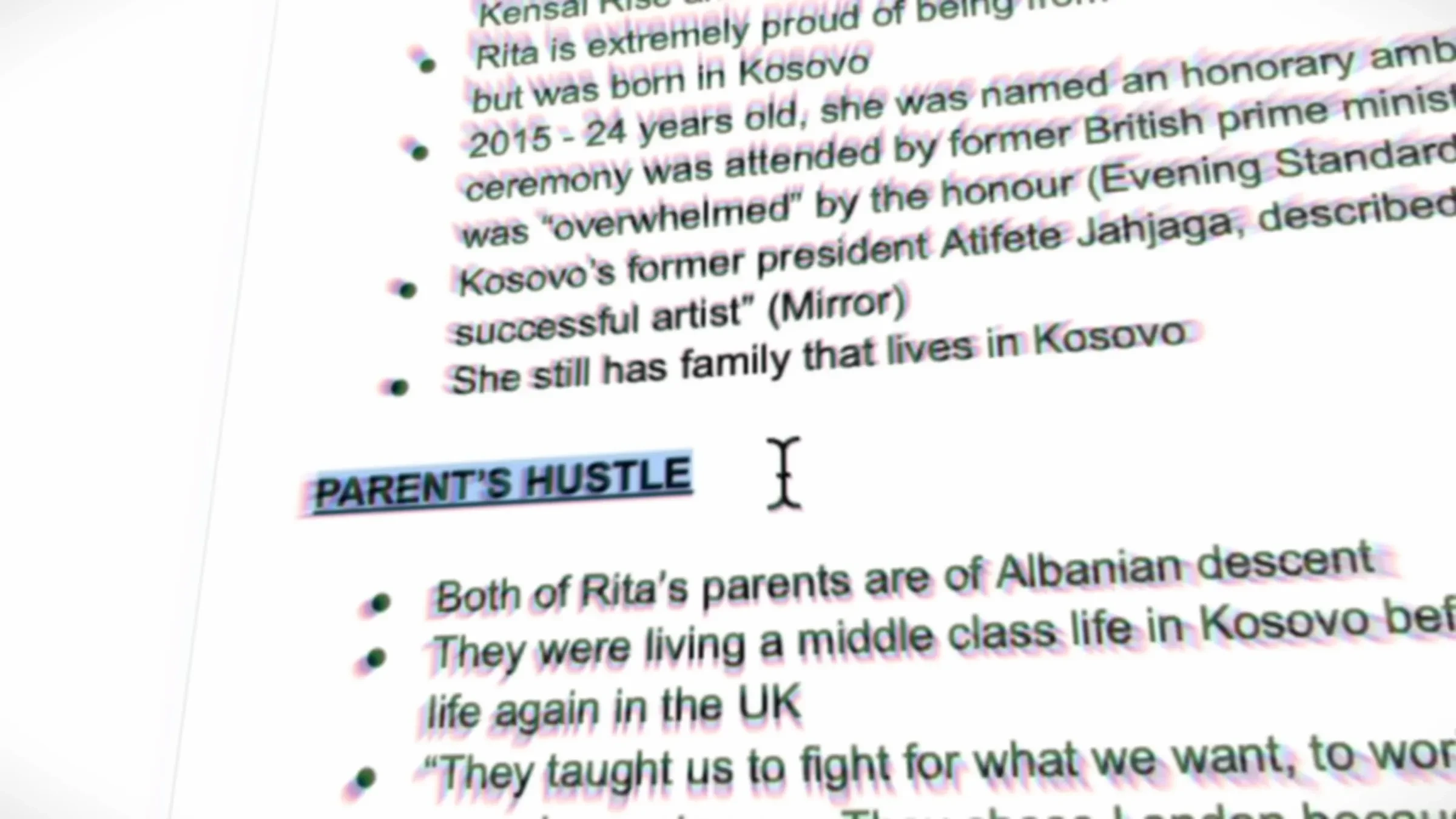 Research notes about a guest's background, parents, and upbringing.