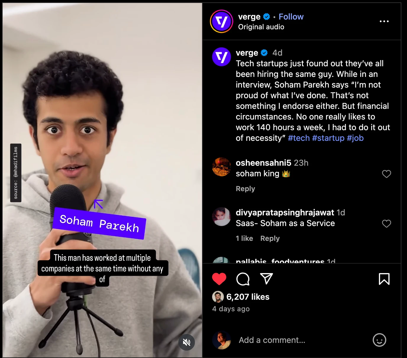 An Instagram post discussing the Soham Parekh story.